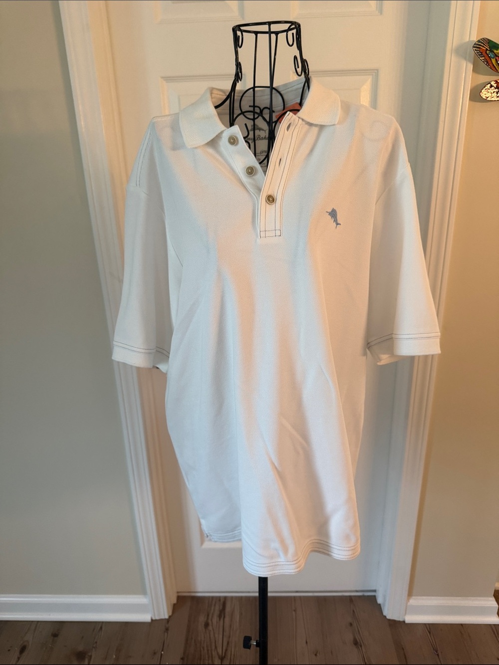 Tommy Bahama White Polo Shirt with Light Blue Dolphin Logo